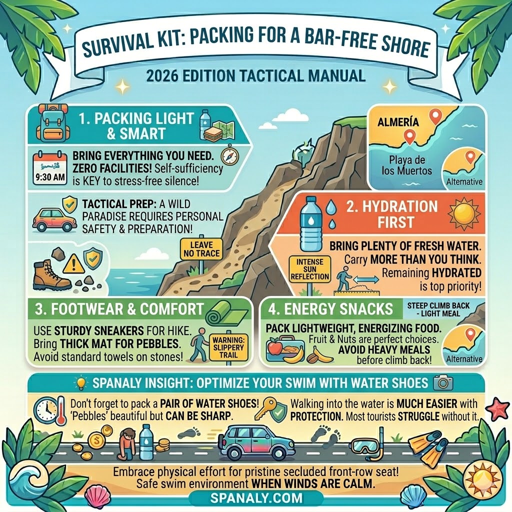 Essential survival packing list for Playa de los Muertos, Almería, featuring hydration needs, sun protection, water shoes for pebbles, high-energy snacks, and sturdy footwear for the steep hike.