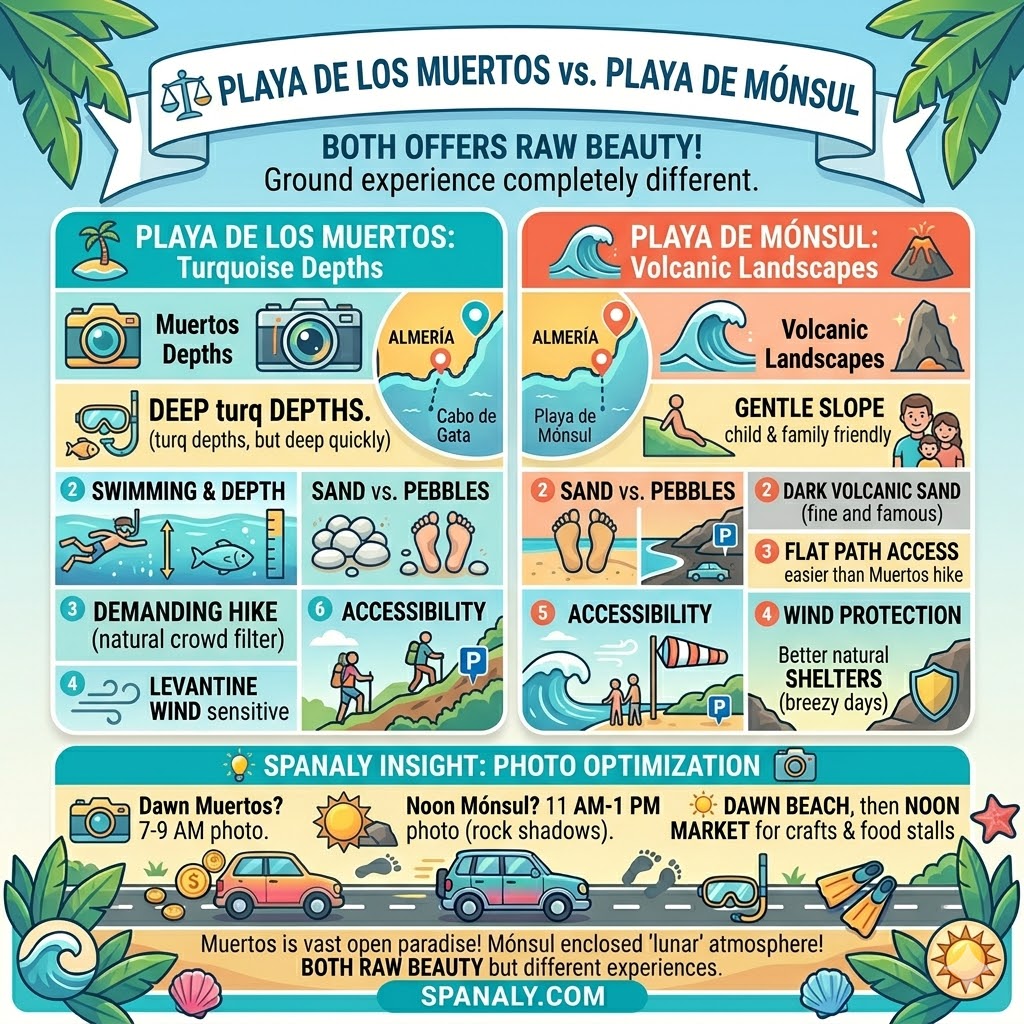 A clean comparison infographic between Playa de los Muertos and Playa de Mónsul in Almería, highlighting water depth, terrain types (pebbles vs. sand), and accessibility levels.