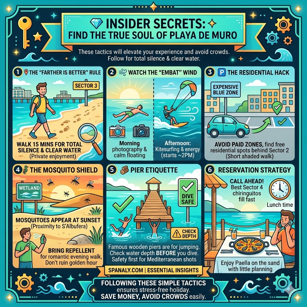 A detailed infographic sharing insider secrets for Playa de Muro, featuring tips on finding quiet spots in Sector 3, understanding the Embat wind for kitesurfing, residential parking hacks, and mosquito protection near S’Albufera.