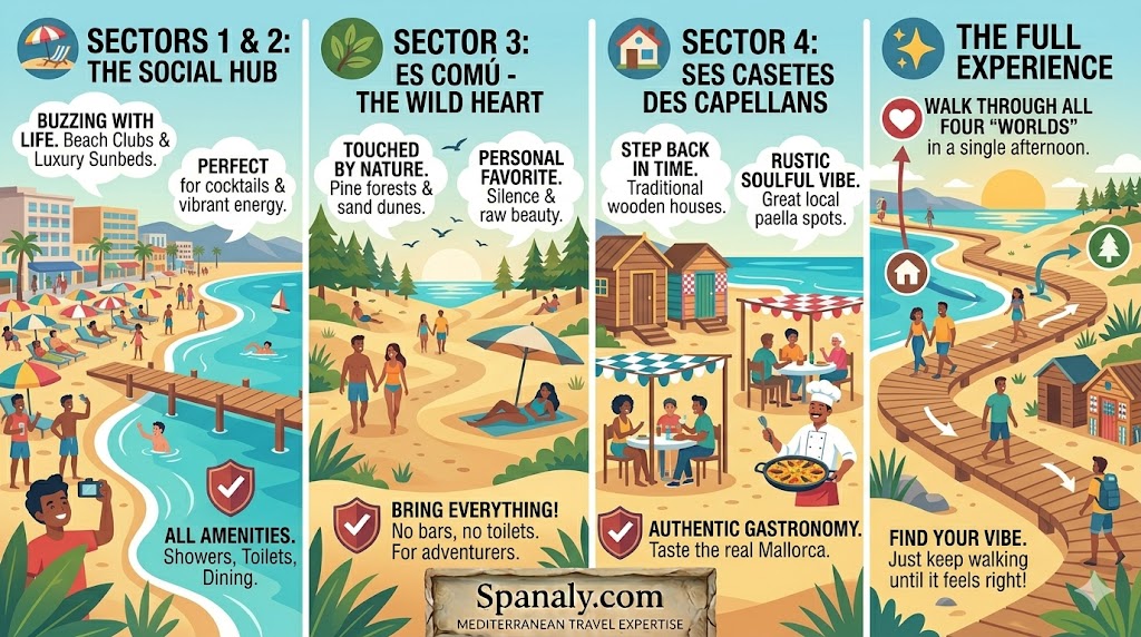 A colorful four-panel infographic of Playa de Muro, Mallorca, showing the social hub of Sectors 1 and 2 with beach clubs, the wild nature of Es Comú in Sector 3 with pine forests, the traditional wooden houses and paella spots of Ses Casetes des Capellans in Sector 4, and a scenic wooden walkway connecting all four coastal zones.