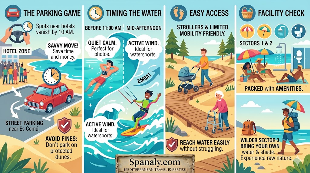 A colorful travel logistics infographic for Playa de Muro, Mallorca, detailing the best parking spots near Es Comú, the afternoon Embat wind effect on water clarity, accessibility for strollers and wheelchairs, and the difference in facilities between the resort sectors and wild nature zones.