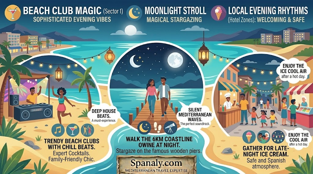 A colorful flat vector infographic illustrating the nightlife at Playa de Muro, Mallorca. The image features three main panels: sophisticated beach clubs in Sector 1 with deep house music and cocktails, serene moonlight walks on the famous wooden piers for stargazing, and safe, welcoming hotel zones where families gather for late-night ice cream under string lights.