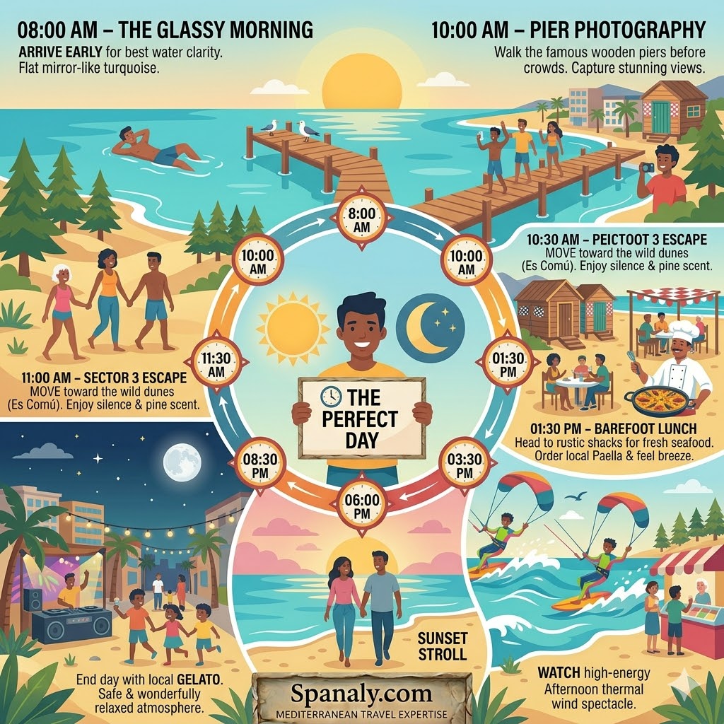 An hour-by-hour travel itinerary infographic for Playa de Muro, Mallorca, featuring beach activities, dining, and sunset spots.
