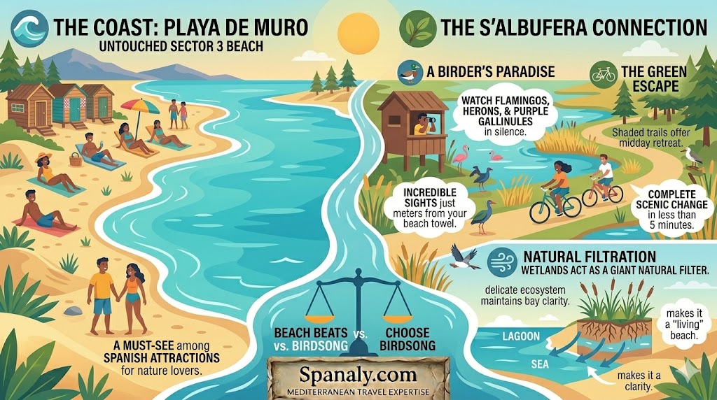 A colorful flat vector infographic illustrating the connection between Playa de Muro and S’Albufera Natural Park. The image is split, comparing the vibrant beach life and turquoise waters with the peaceful, raw nature of the wetlands, highlighting birdwatching hides for spotting flamingos and herons, shaded cycling trails, and explaining how the wetlands act as a natural filter for the bay's crystal clear clarity.