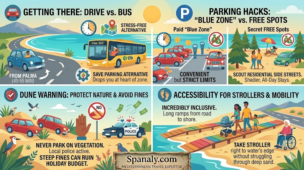 A colorful four-panel logistics infographic for Playa de Muro, Mallorca, comparing driving from Palma with the TIB Line 302 bus, explaining the difference between paid Blue Zone parking and free residential spots, warning against dune parking fines, and showcasing the accessibility ramps for strollers and wheelchairs.