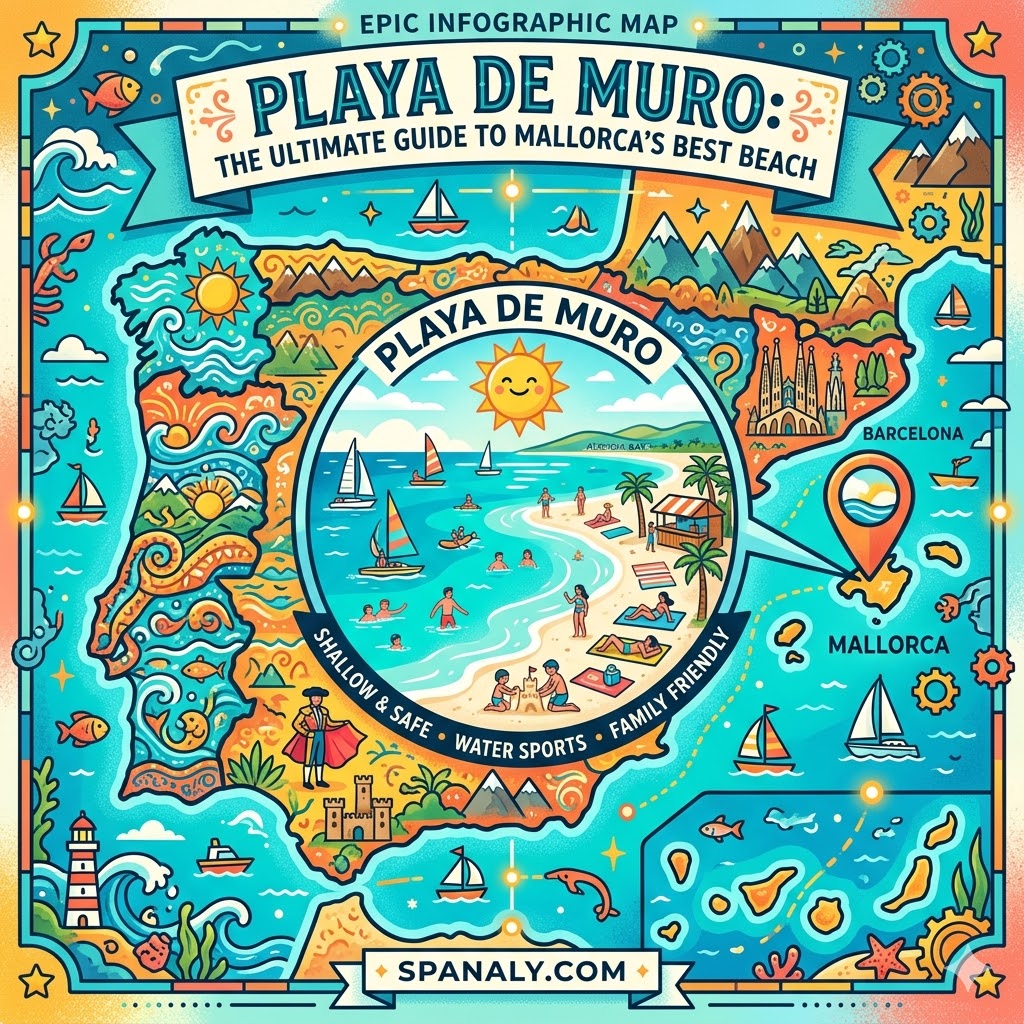 An epic infographic map of Spain highlighting Playa de Muro in Mallorca, featuring a central beach scene with shallow turquoise waters, family-friendly activities, and a vibrant travel guide layout for Spanaly.com.