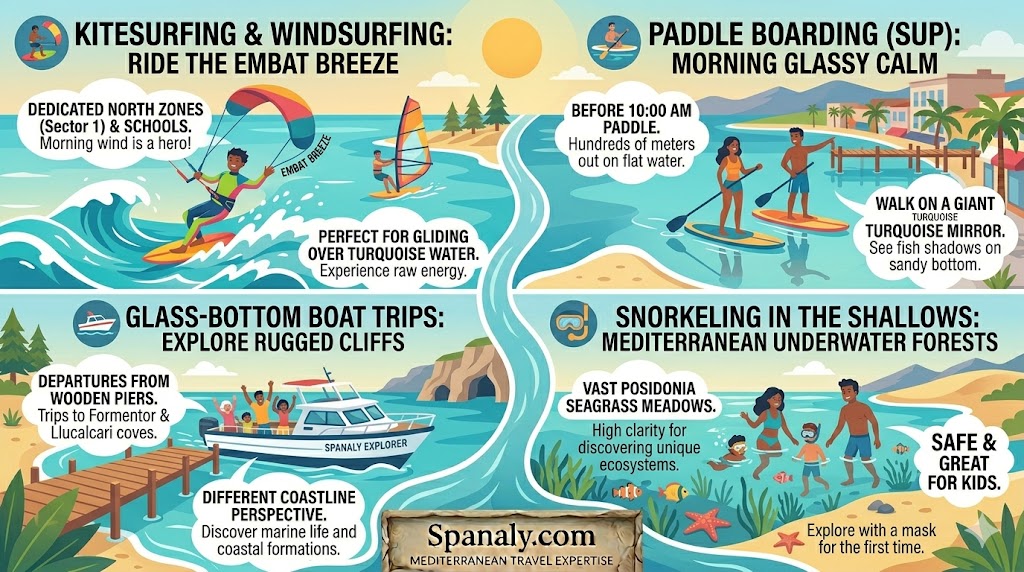 A vibrant four-panel infographic of water activities at Playa de Muro, Mallorca, featuring kitesurfing during the afternoon Embat breeze, early morning paddle boarding on glassy turquoise water, glass-bottom boat tours from the wooden piers, and snorkeling in the shallow Posidonia seagrass meadows.