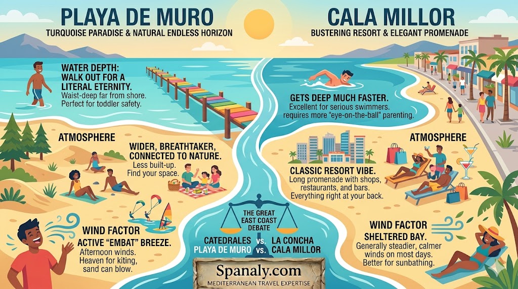 A side-by-side comparison infographic between Playa de Muro and Cala Millor in Mallorca. It highlights differences in water depth, with Playa de Muro featuring shallow turquoise waters, while Cala Millor offers deeper swimming zones. The visual also compares the natural dunes and pine forests of Muro against the bustling urban promenade and resort vibe of Cala Millor.