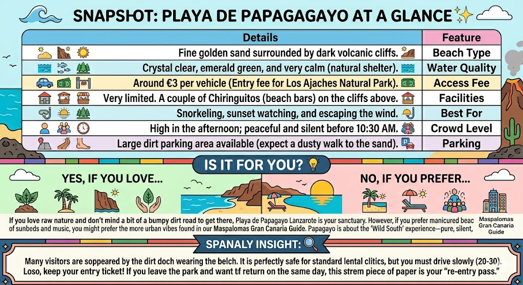 A detailed infographic overview of Playa de Papagayo in Lanzarote, showcasing beach features, access fees, and Spanaly expert travel tips for visitors.