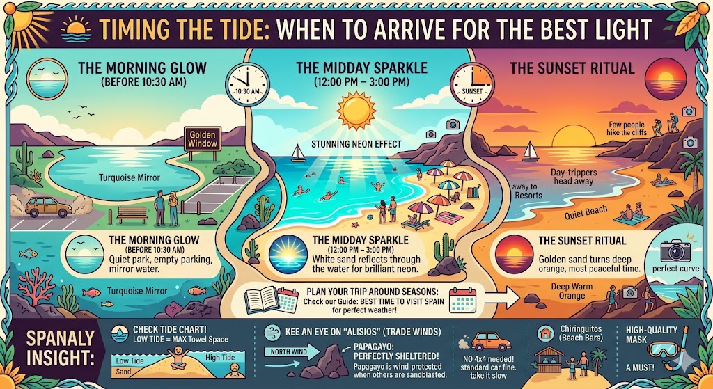 A vibrant illustrative infographic guiding visitors on the best times to arrive at Playa de Papagayo in Lanzarote, featuring morning glow, midday sparkle, and sunset ritual light conditions with essential tide tips.