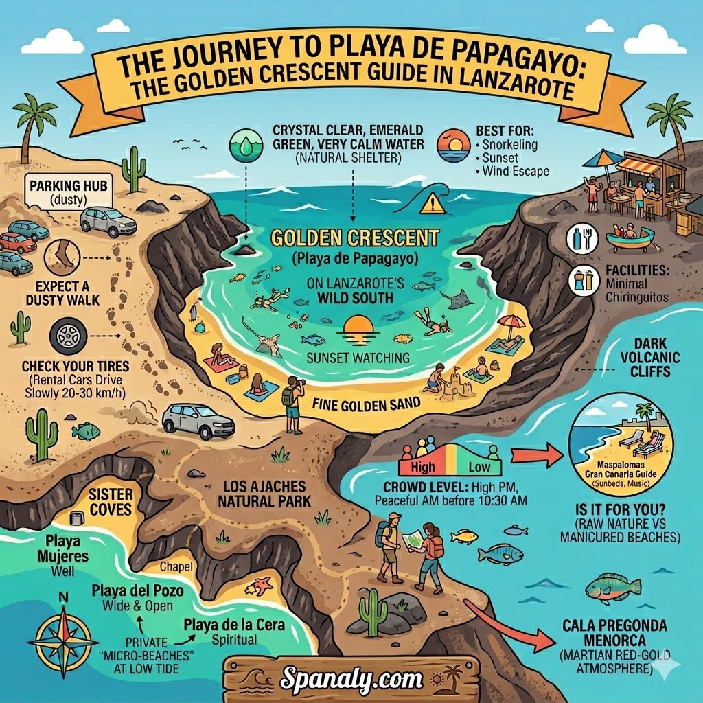 An epic illustrative map of Playa de Papagayo in Lanzarote featuring the golden crescent beach, Los Ajaches Natural Park, and nearby sister coves with travel tips.