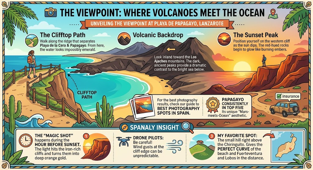 A stunning infographic highlighting the best photography viewpoints at Playa de Papagayo Lanzarote, featuring the clifftop path, volcanic backdrop, and sunset peak tips.