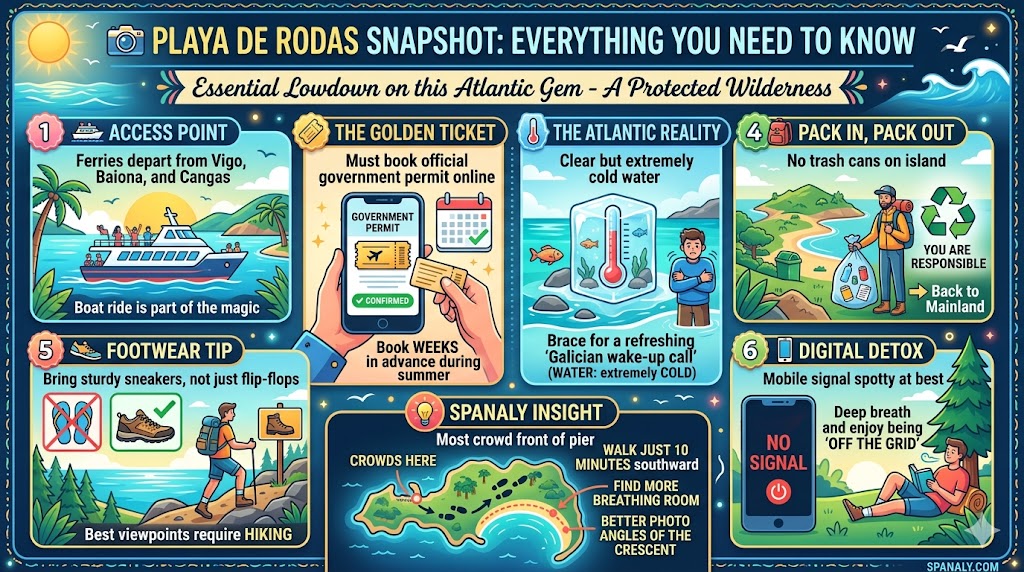 A comprehensive travel infographic for Playa de Rodas in the Cíes Islands, detailing ferry access from Vigo, government permit requirements, cold Atlantic water temperatures, eco-friendly waste policies, and hiking tips for the best viewpoints.