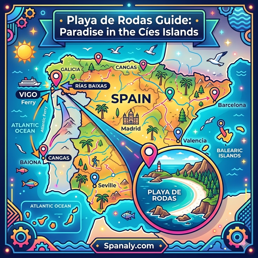 An epic infographic map of Spain highlighting the location of Playa de Rodas in the Cíes Islands, featuring ferry routes from Vigo, Baiona, and Cangas with a vibrant flat vector style.