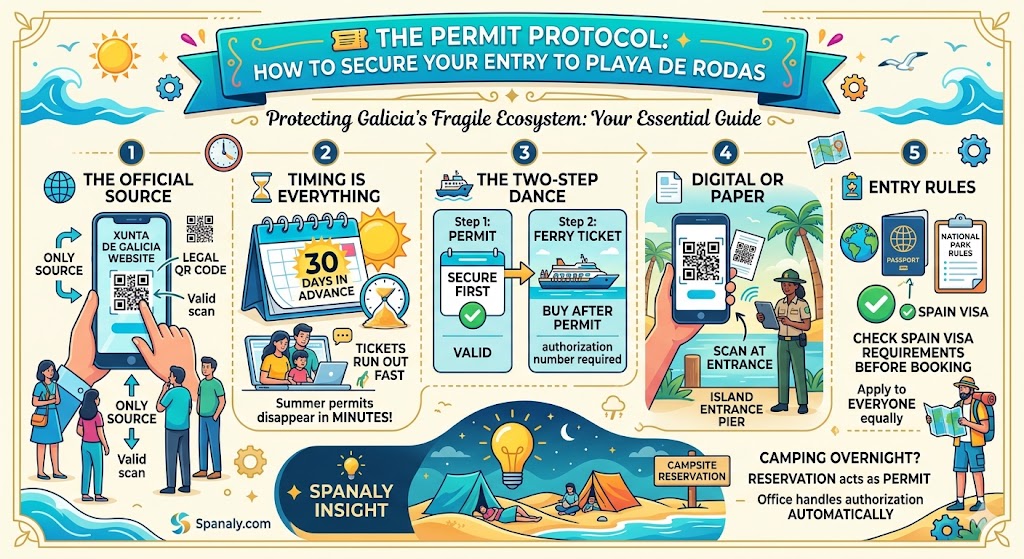 A comprehensive infographic guide on how to secure the official government permit for Playa de Rodas, showing the QR code booking process, timing advice, ferry ticket synchronization, and campsite reservation rules.