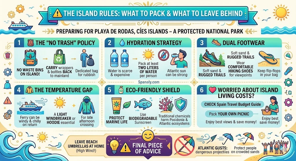A detailed infographic explaining the rules for visiting Playa de Rodas in the Cíes Islands, featuring the "no trash" policy, hydration tips, footwear advice for hiking, temperature warnings for the ferry, and eco-friendly sunscreen requirements.