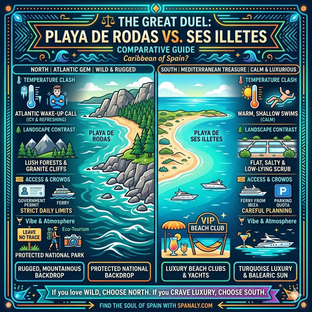 A detailed comparison infographic between Playa de Rodas in Galicia and Playa de Ses Illetes in Formentera, highlighting differences in water temperature, landscape, access permits, and the overall atmosphere of each beach.