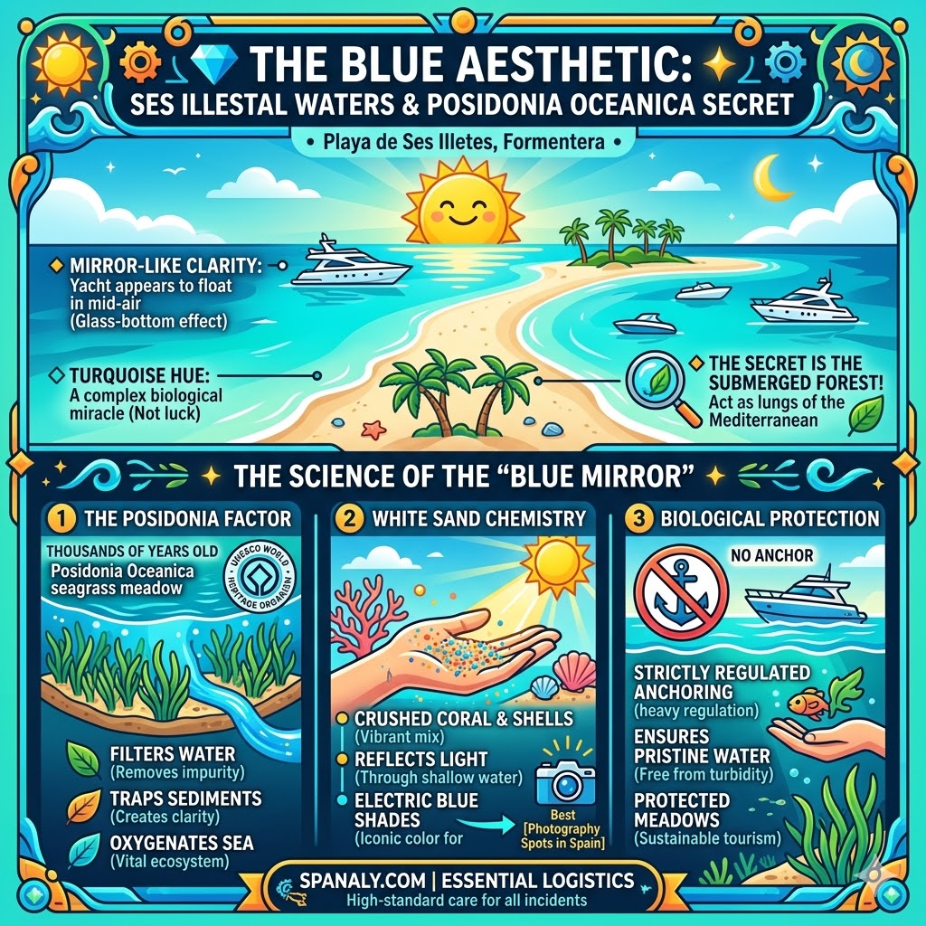 An educational infographic explaining the crystal clear waters of Playa de Ses Illetes in Formentera, featuring the role of Posidonia Oceanica seagrass, white sand chemistry from crushed coral, and biological protection for pristine water.