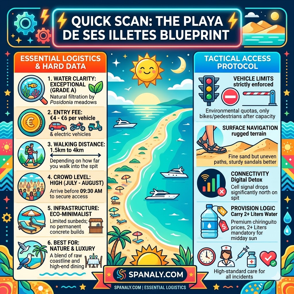 A comprehensive infographic for Playa de Ses Illetes in Formentera, detailing essential travel logistics including water clarity, entry fees for vehicles, walking distances to the sandbar, and tactical access tips to avoid summer crowds.
