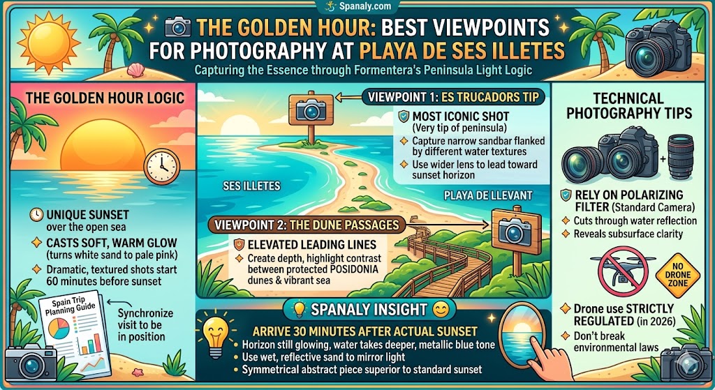 A professional infographic for Playa de Ses Illetes photography during the golden hour, showing best viewpoints at Es Trucadors, lighting tips for turquoise water, and technical advice on using polarizing filters and drone regulations in Formentera.