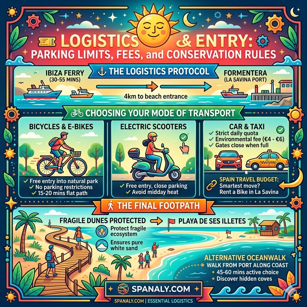 A detailed infographic for Playa de Ses Illetes logistics, showing parking fees for cars and motorcycles, free entry for bicycles, capacity limits for vehicles, and essential conservation rules for the Ses Salines Natural Park.