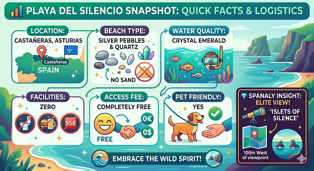 Infographic showing Playa del Silencio logistics, quick facts, and visitor guide for Asturias.