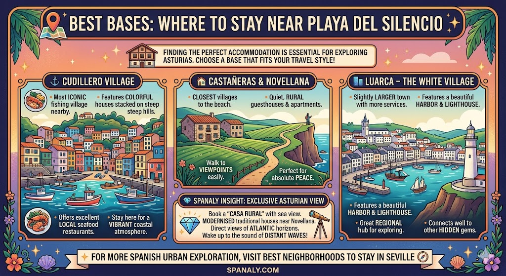 Infographic guide showing best bases to stay near Playa del Silencio in Asturias, including Cudillero Village, Castañeras, Novellana, and Luarca, with accommodation tips for travelers.