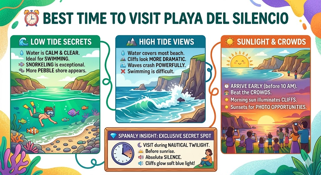 Infographic guide showing the best time to visit Playa del Silencio in Asturias, explaining tide differences, sun times, and crowd levels for travelers.