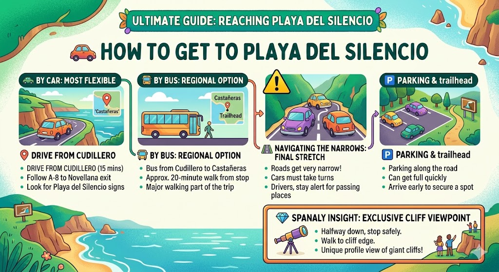 Infographic guide showing how to get to Playa del Silencio in Asturias, with directions for driving and bus, narrow roads warning, parking, and a viewpoint.