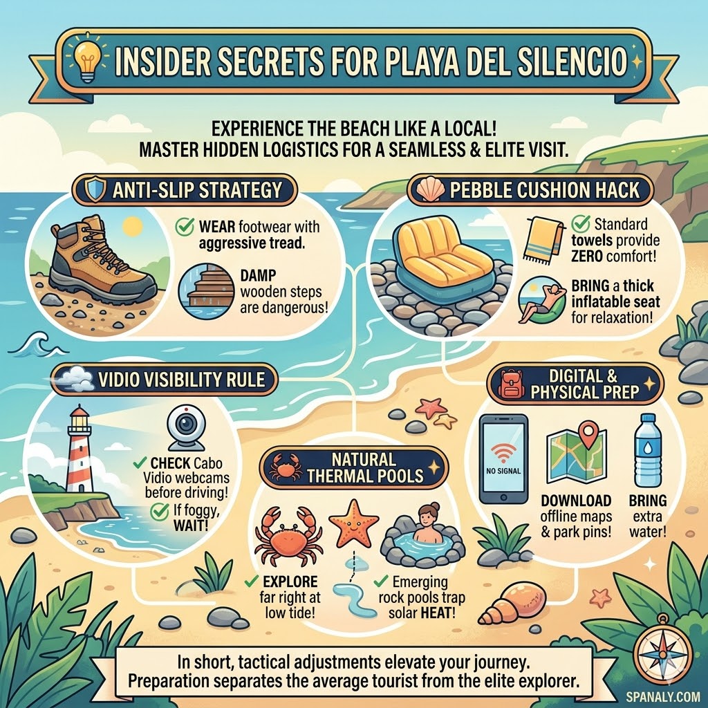 Infographic showing insider travel secrets for Playa del Silencio, Asturias, featuring safety tips, pebble comfort hacks, weather rules, and secret swimming spots.