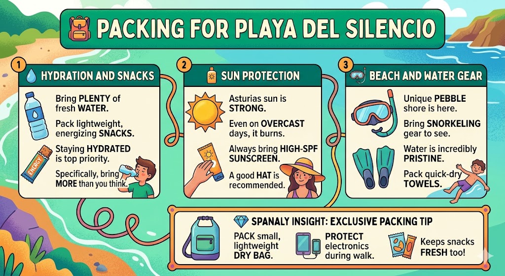 Infographic checklist showing essential items to pack for Playa del Silencio, Asturias, including water, food, sun protection, and snorkeling gear.
