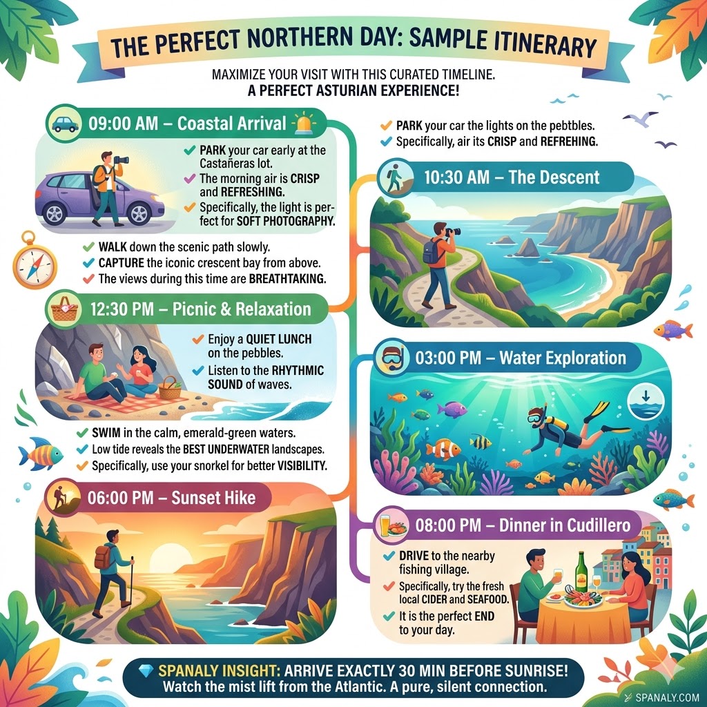 Infographic showing a perfect day itinerary for Playa del Silencio, Asturias, including arrival times, walking down, snorkeling, sunset hike, and dinner in Cudillero.