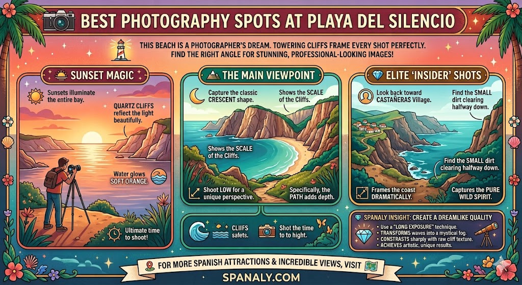 Infographic checklist detailing the best photography spots at Playa del Silencio, Asturias, including Sunset Magic, The Main Viewpoint, and Elite Insider Shots, with the corrected website Spanaly.com.