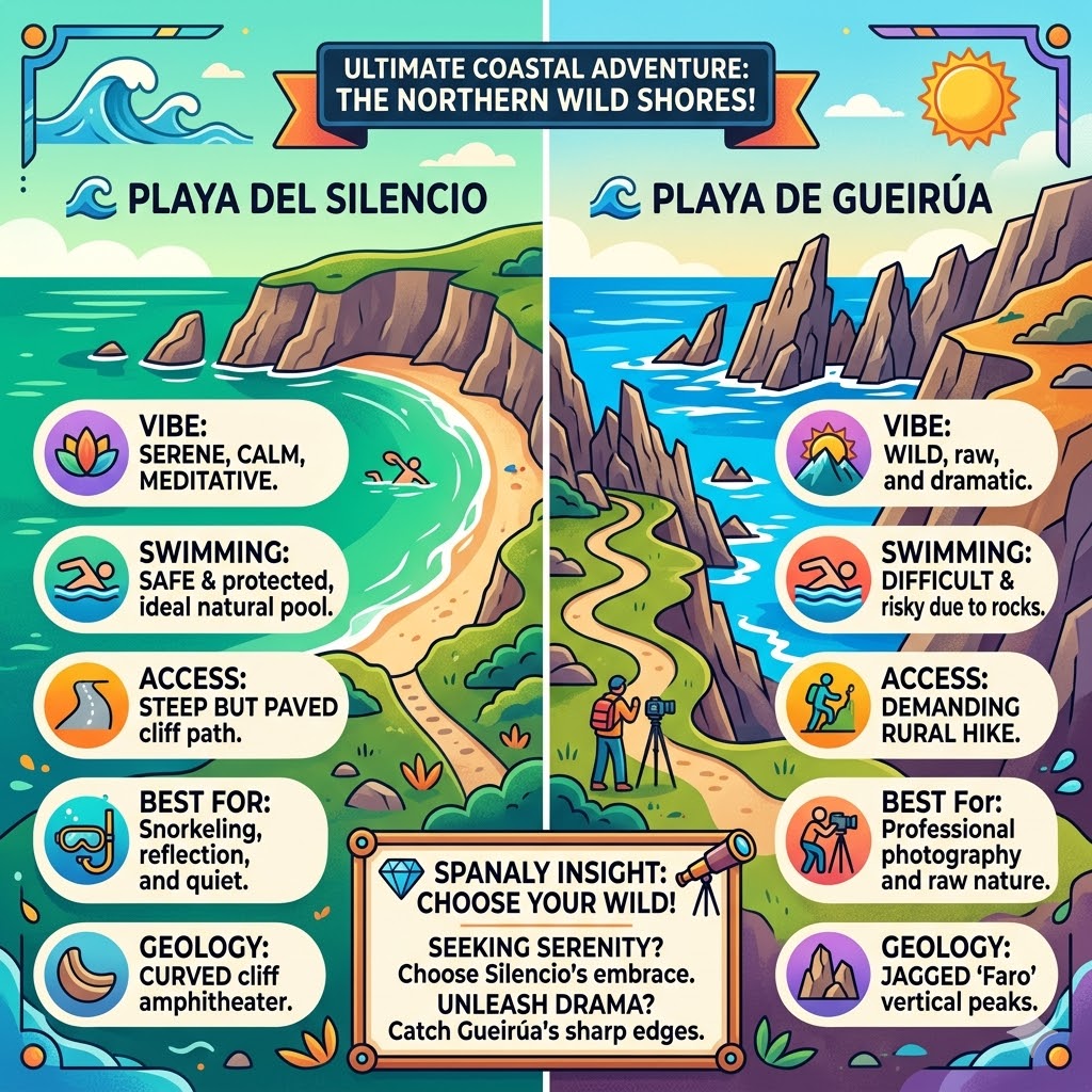 Infographic comparing Playa del Silencio and Playa de Gueirúa in Asturias, detailing vibes, swimming safety, access, and best uses for travelers.