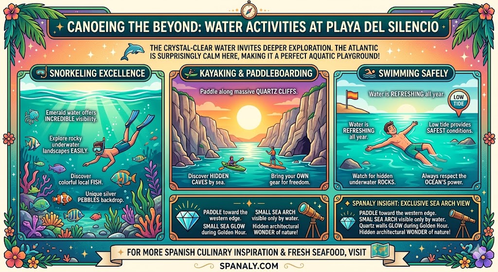 Infographic showing water activities at Playa del Silencio, Asturias, including snorkeling in emerald water, kayaking along quartz cliffs, and safe swimming tips.