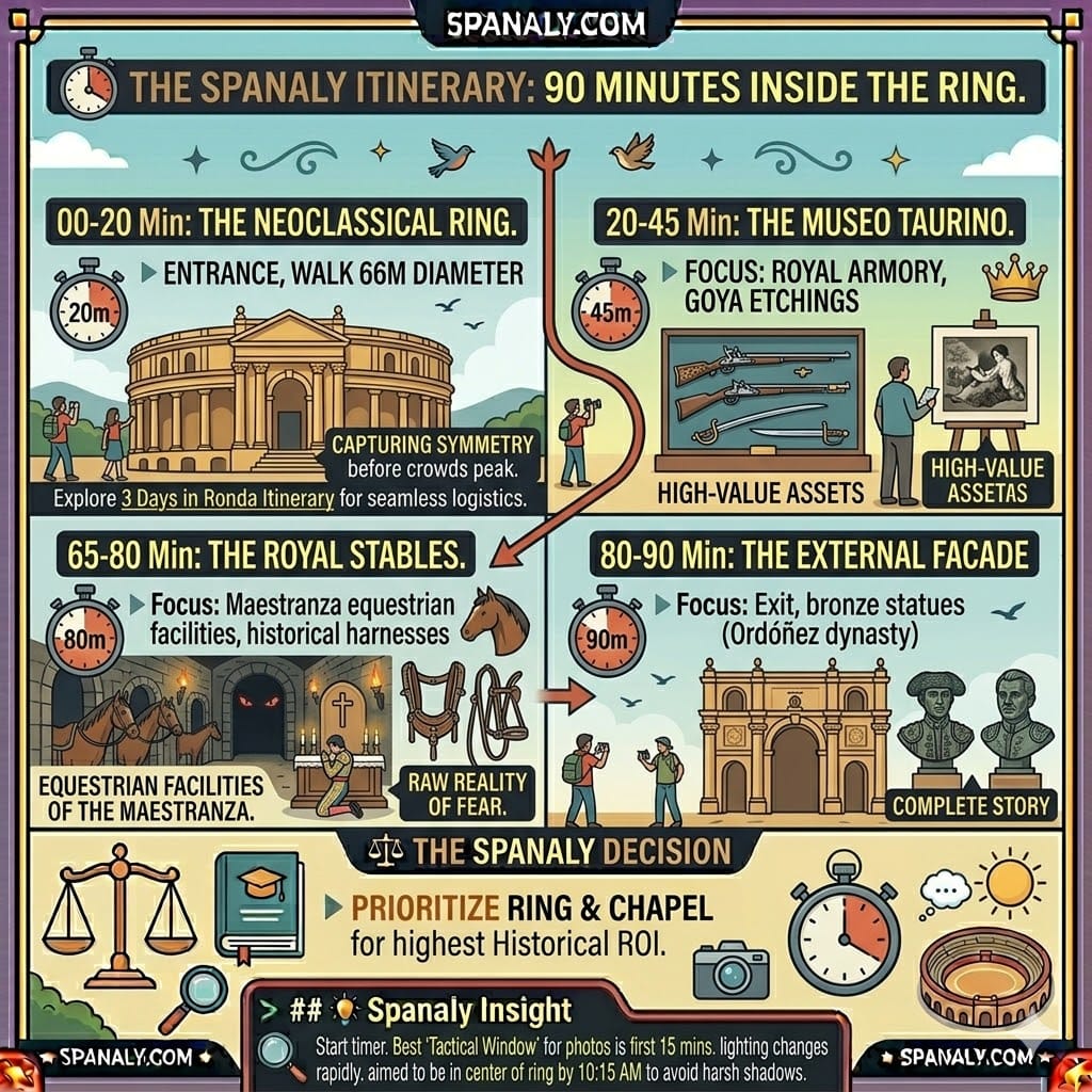 A tactical 90-minute visit itinerary for Plaza de Toros de Ronda, showing a step-by-step timeline from the Neoclassical ring and Museo Taurino to the Underworld and Royal Stables.