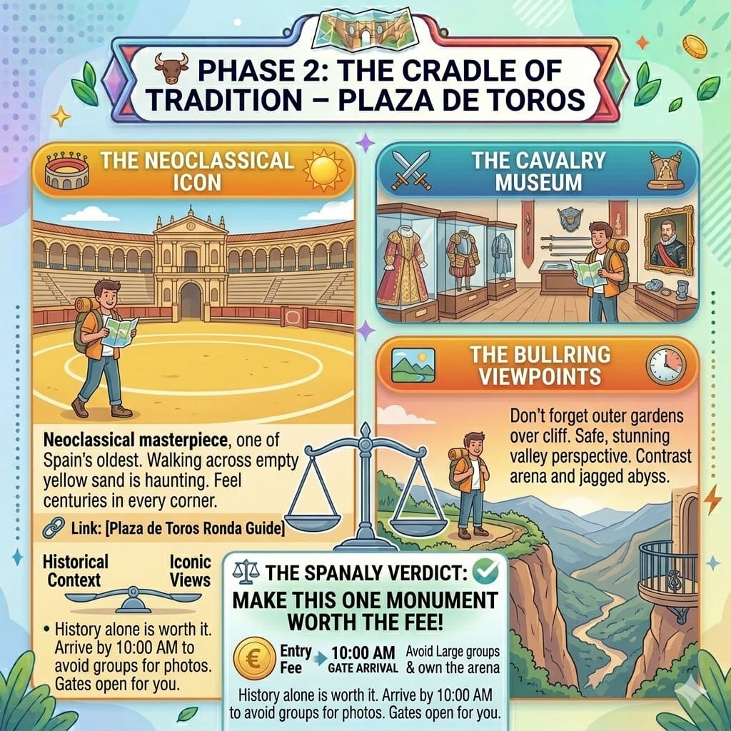 Tactical travel infographic for the Plaza de Toros in Ronda showing the neoclassical arena, the cavalry museum, and cliffside viewpoints.