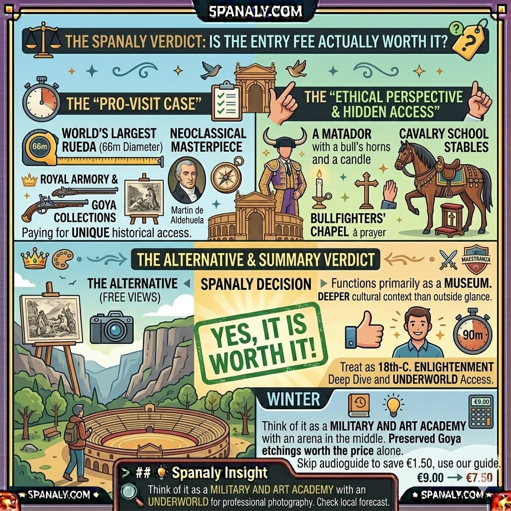 A colorful evaluation infographic for Plaza de Toros de Ronda, weighing the pros of historical access and neoclassical architecture against the ethical perspective and alternative free views.