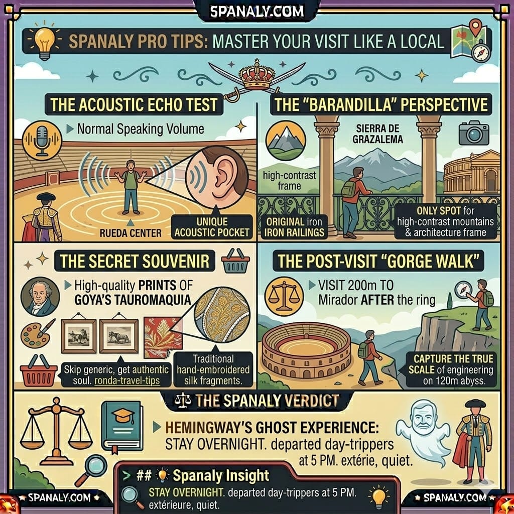 A colorful expert-level infographic for Plaza de Toros de Ronda, detailing acoustic echo tests, high-contrast photography spots from the upper gallery, and post-visit gorge views.