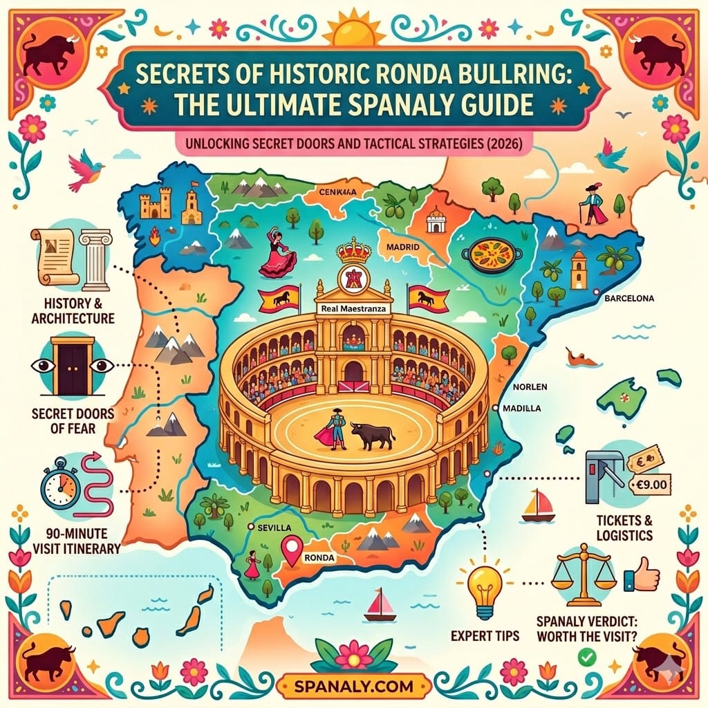 An epic infographic map of Spain focusing on Plaza de Toros de Ronda, featuring a large illustrated bullring, 90-minute visit itinerary, ticket pricing (€9.00), hidden chambers, and expert tips, all in a colorful flat vector style.