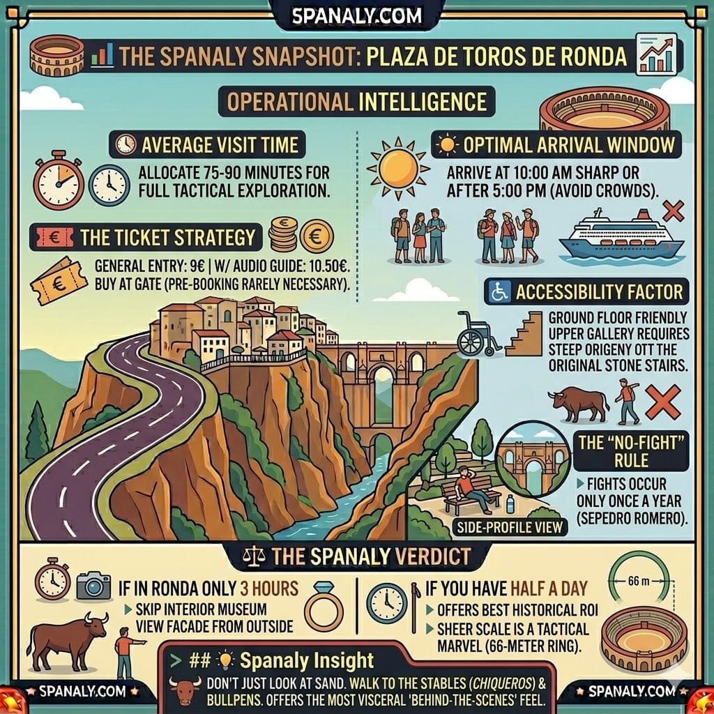 A colorful tactical infographic for Plaza de Toros de Ronda, detailing ticket prices, visit times, arrival windows, accessibility facts, and the Spanaly verdict for travelers.