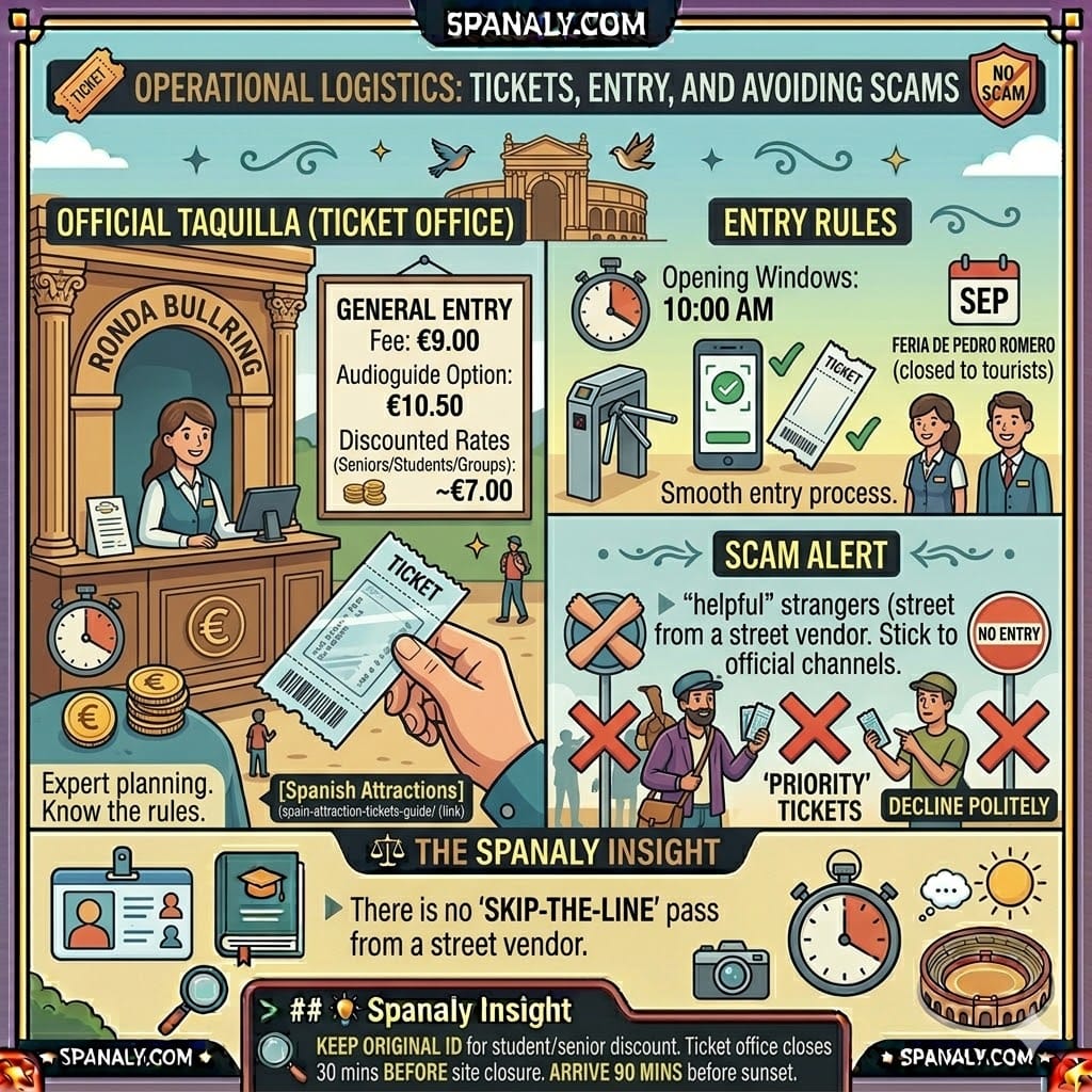 A colorful logistics infographic for Plaza de Toros de Ronda, detailing official ticket prices, opening hours, student discounts, and a scam alert warning against unofficial street vendors.