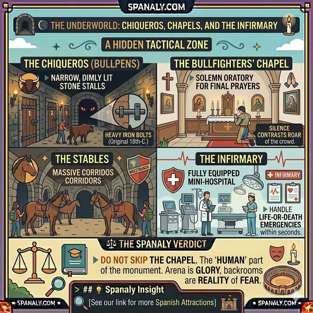 A detailed tactical infographic showing the hidden zones of Plaza de Toros de Ronda, including the dark chiqueros, the bullfighters' chapel, the infirmary, and the royal stables.