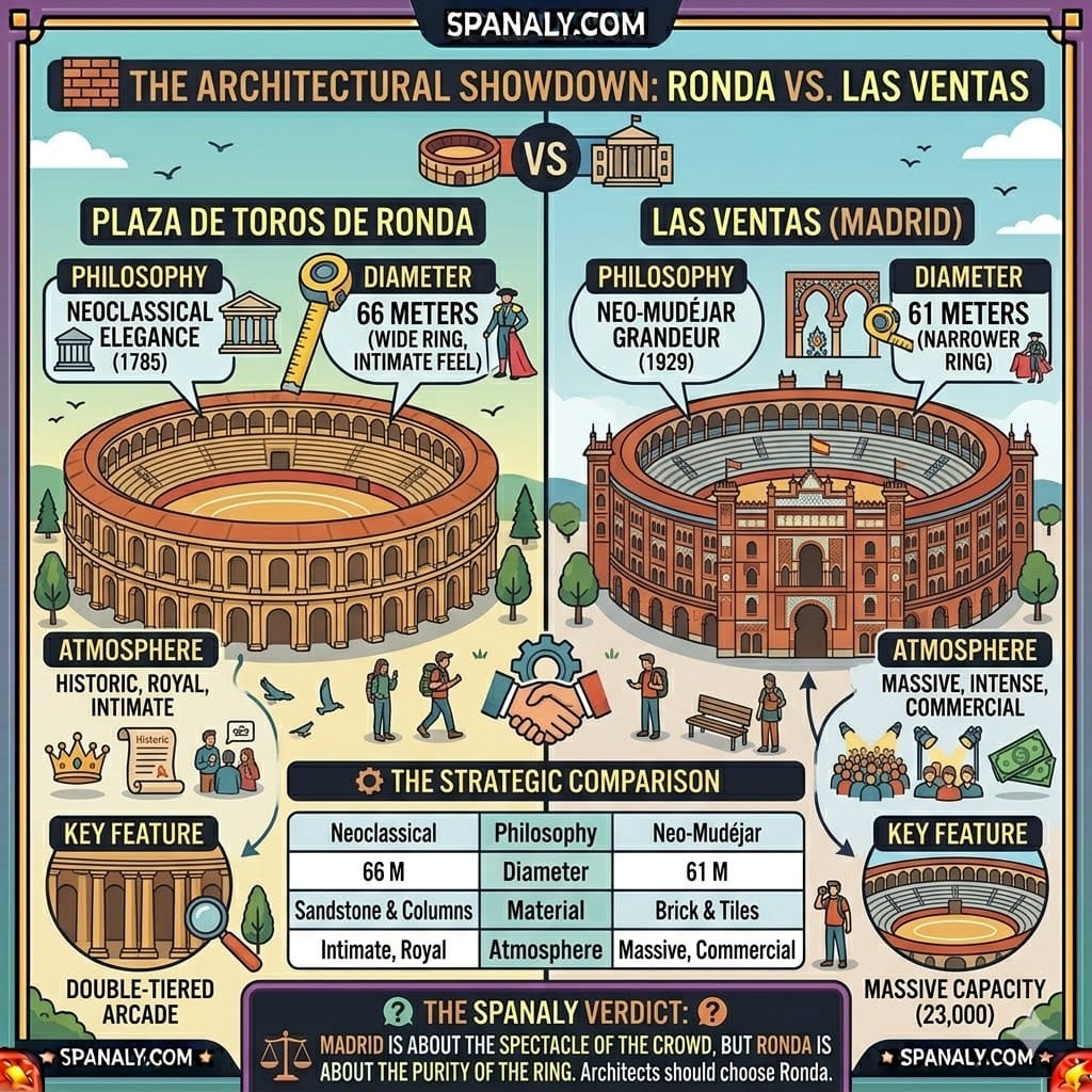 A tactical architectural comparison infographic between Plaza de Toros de Ronda and Las Ventas in Madrid, highlighting differences in Neoclassical vs Neo-Mudejar styles, ring diameter, and sandstone materials.