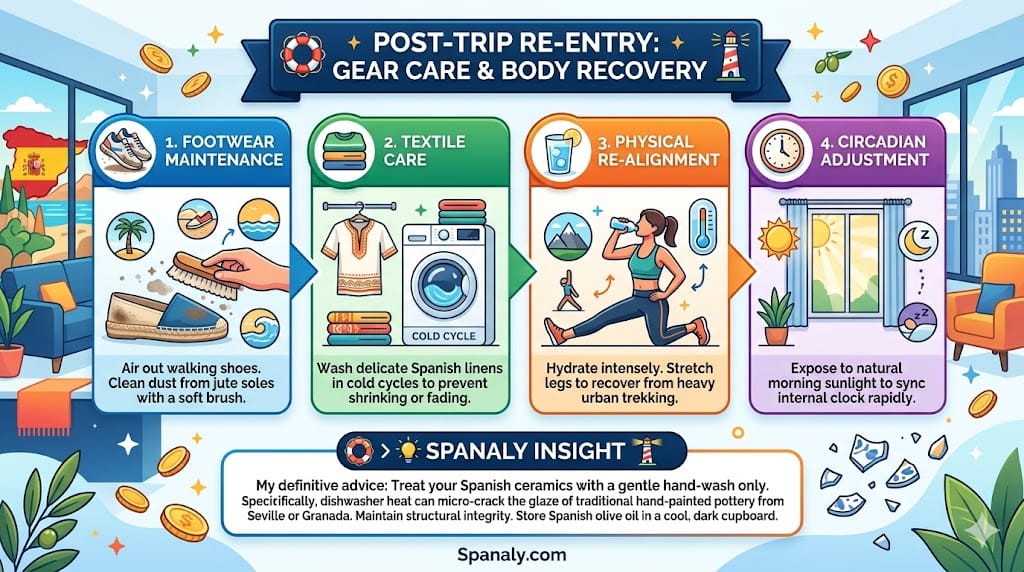 A colorful square infographic detailing four post-travel recovery steps: footwear maintenance for espadrilles, textile care for Spanish linens, physical re-alignment, and circadian adjustment with Spanaly branding.