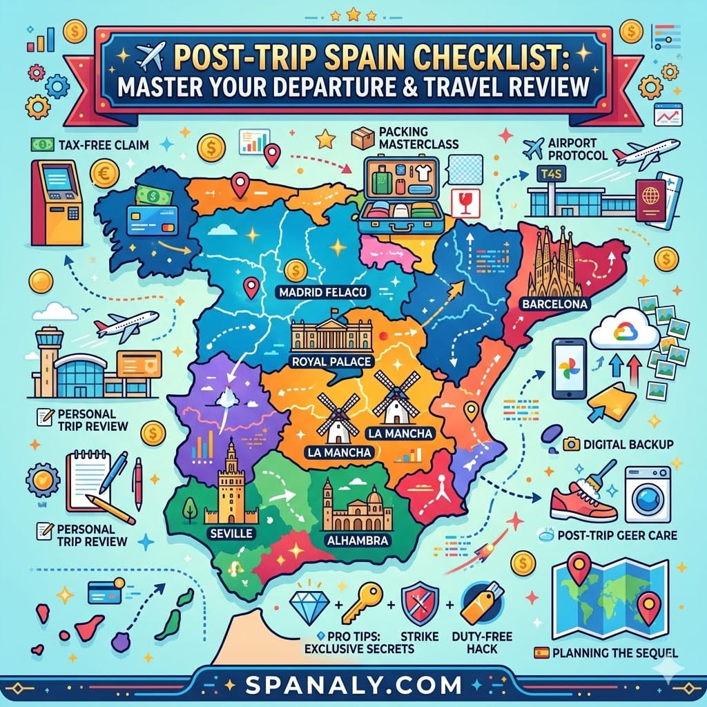 An epic infographic map of Spain 1024x1024 featuring prominent icons for tax-free claims, packing masterclass, airport protocol, digital backup, and post-trip gear care with Spanaly.com branding.