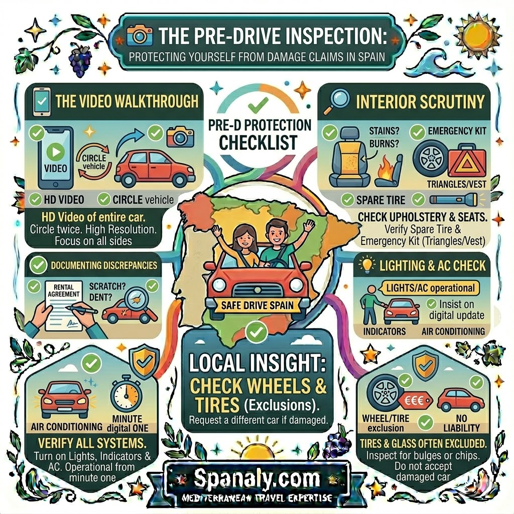 A colorful infographic guide for pre-drive car rental inspection in Spain, featuring panels for video walkthroughs, interior scrutiny, documenting scratches on the rental agreement, and checking lights and air conditioning.
