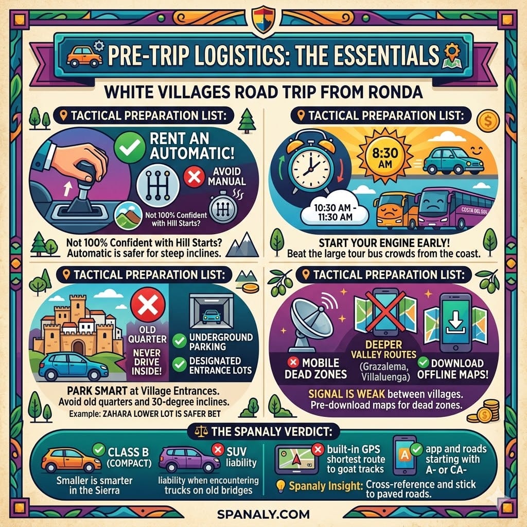 A tactical travel infographic detailing essential pre-trip logistics for a White Villages road trip starting from Ronda, including vehicle choice, timing to beat tour buses, parking tips at village entrances, and offline maps connectivity.