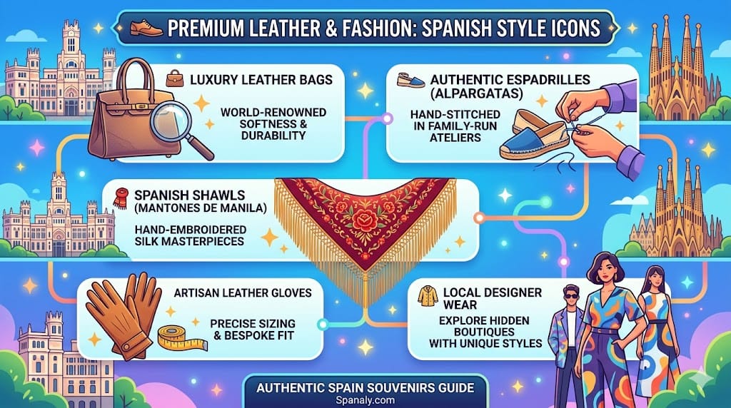 A colorful infographic showing premium Spanish souvenirs including luxury leather bags, hand-stitched espadrilles, silk shawls, and artisan gloves from Madrid and Barcelona workshops.