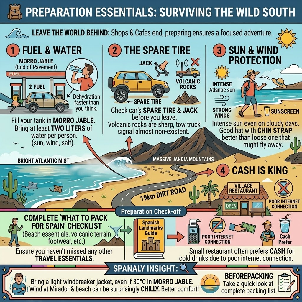 A colorful survival guide infographic for Playa de Cofete, featuring essentials like fuel, spare tires, wind protection, and cash tips for the wild south.